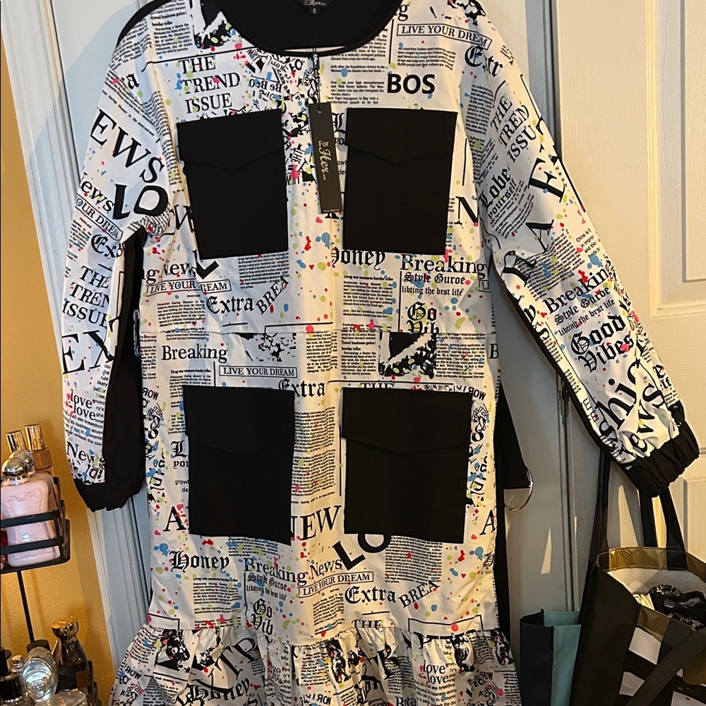 Newspaper Print Dress with Black Pockets